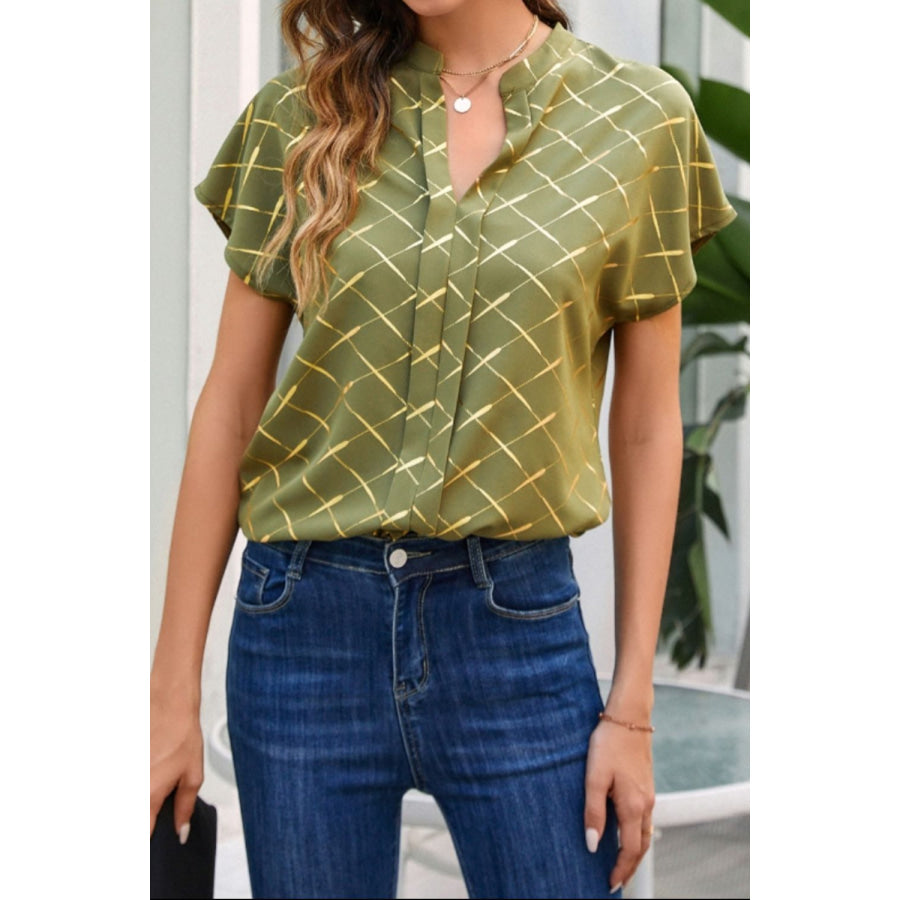 Printed Notched Short Sleeve Blouse Apparel and Accessories