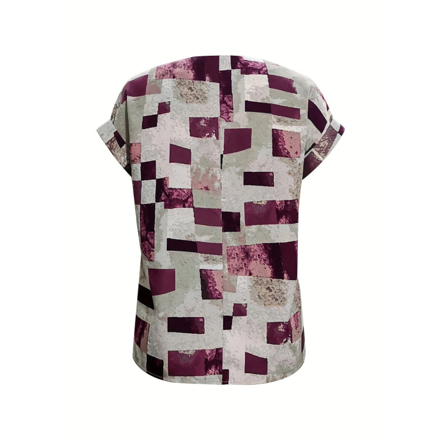Printed Notched Short Sleeve Blouse Plum / S Apparel and Accessories