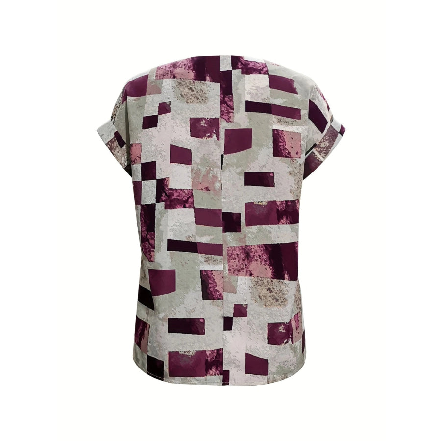 Printed Notched Short Sleeve Blouse Apparel and Accessories