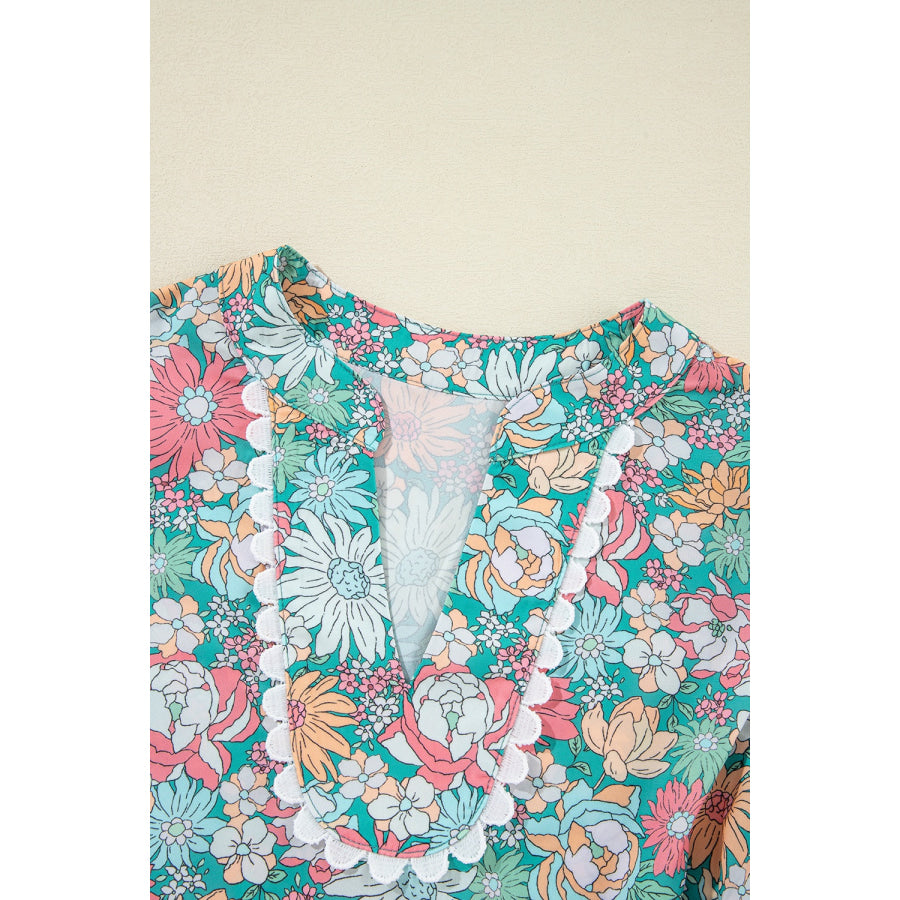 Printed Notched Short Sleeve Blouse Apparel and Accessories