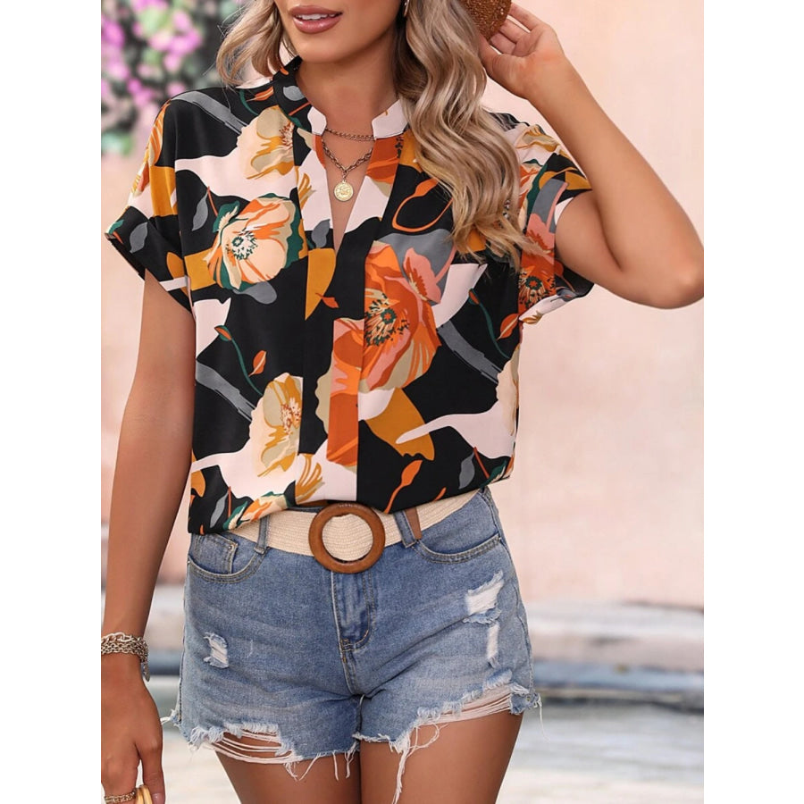 Printed Notched Short Sleeve Blouse Apparel and Accessories