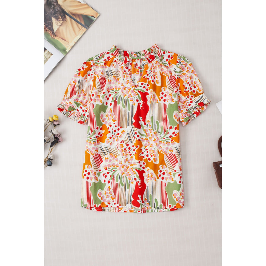 Printed Notched Short Sleeve Blouse Apparel and Accessories