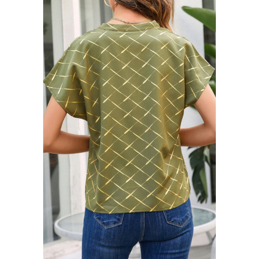 Printed Notched Short Sleeve Blouse Apparel and Accessories