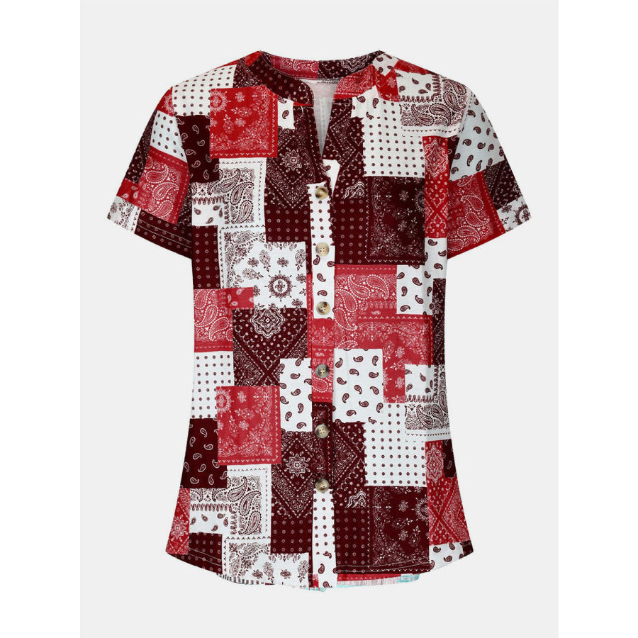 Printed Notched Short Sleeve Blouse Apparel and Accessories