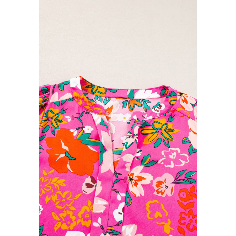 Printed Notched Short Sleeve Blouse Apparel and Accessories