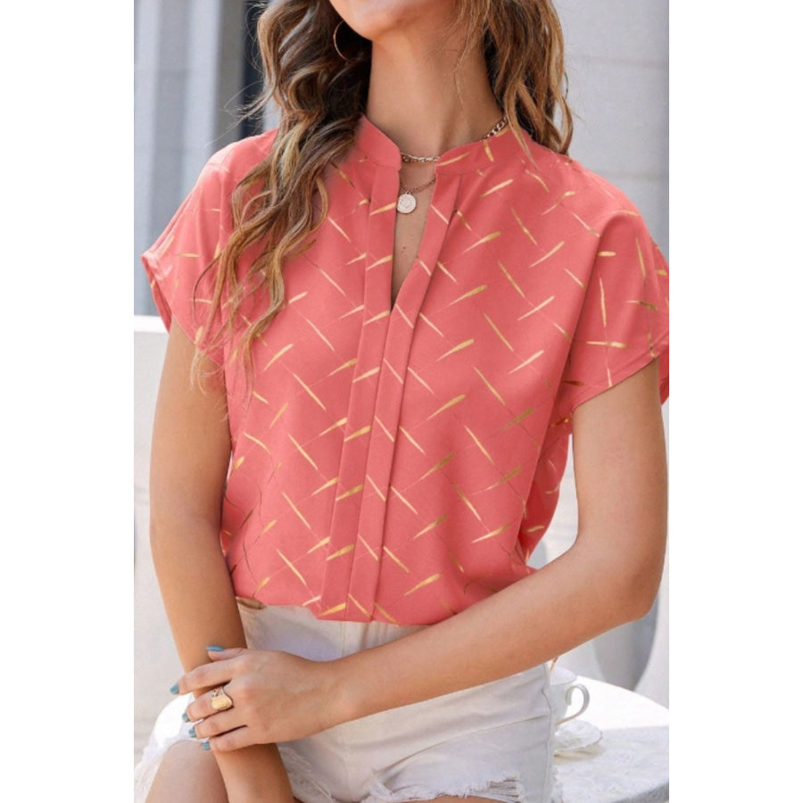 Printed Notched Short Sleeve Blouse Apparel and Accessories