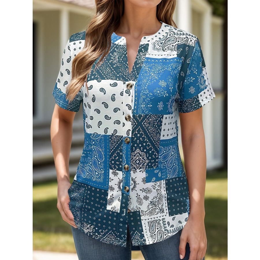 Printed Notched Short Sleeve Blouse Apparel and Accessories