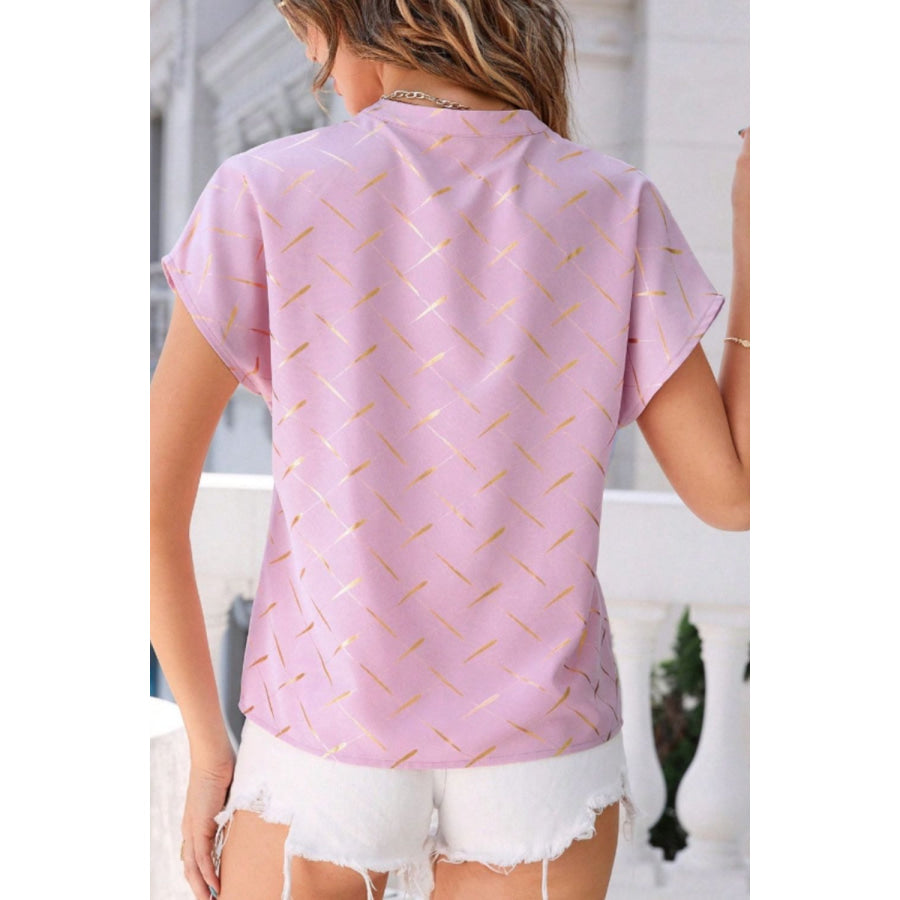 Printed Notched Short Sleeve Blouse Apparel and Accessories