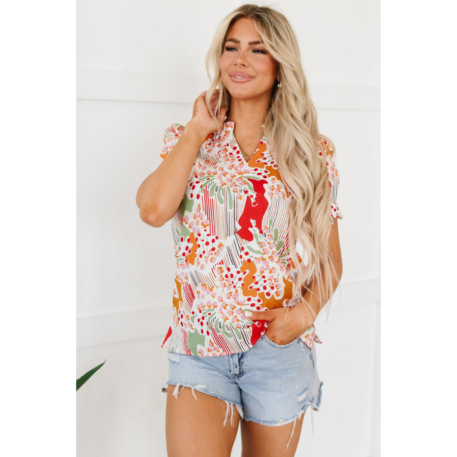 Printed Notched Short Sleeve Blouse Apparel and Accessories