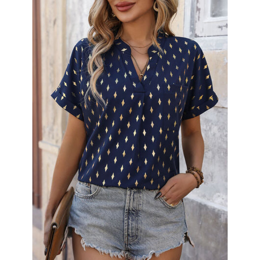 Printed Notched Short Sleeve Blouse Apparel and Accessories