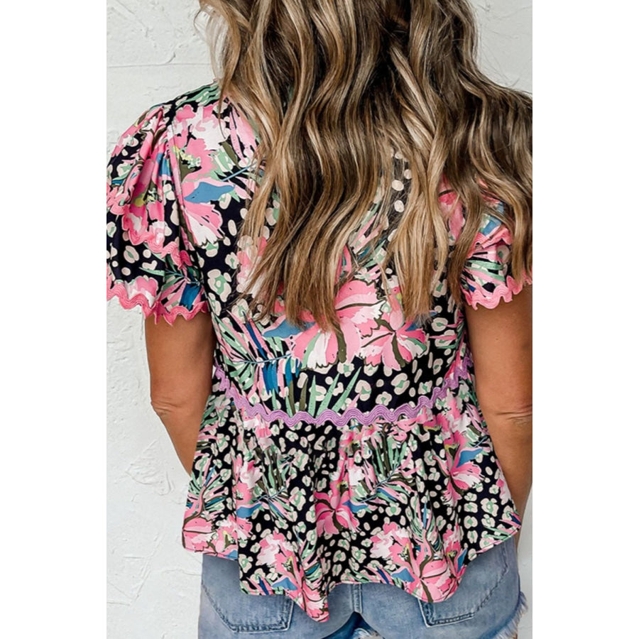 Printed Notched Short Sleeve Blouse Apparel and Accessories