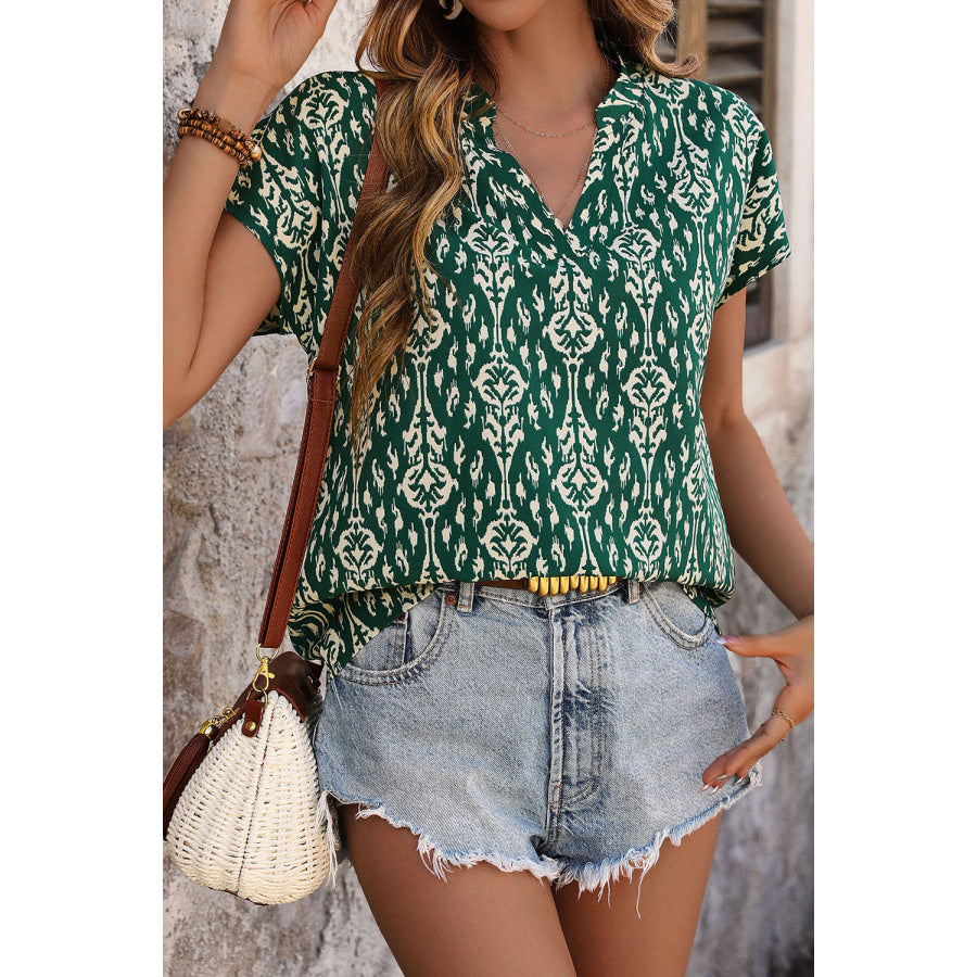 Printed Notched Short Sleeve Blouse Apparel and Accessories