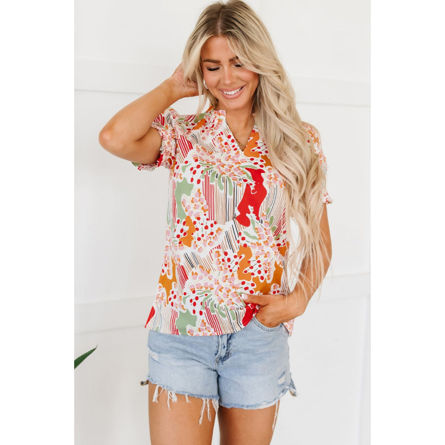 Printed Notched Short Sleeve Blouse Apparel and Accessories