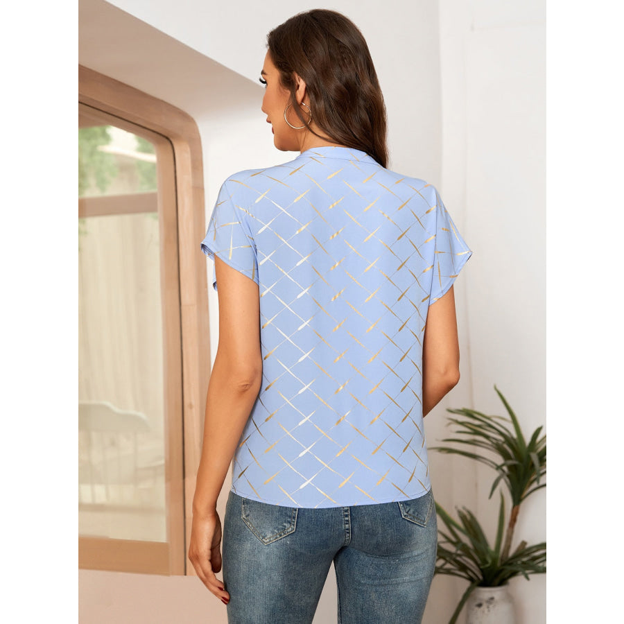 Printed Notched Short Sleeve Blouse Apparel and Accessories