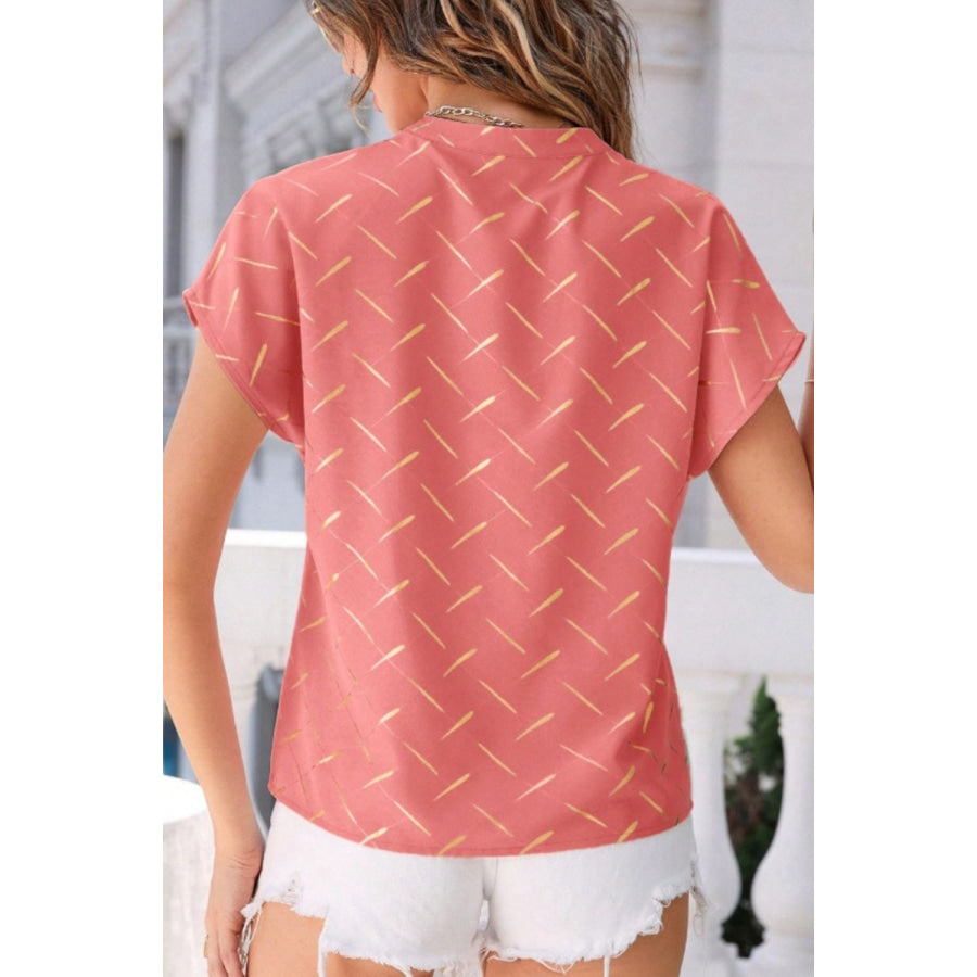 Printed Notched Short Sleeve Blouse Apparel and Accessories