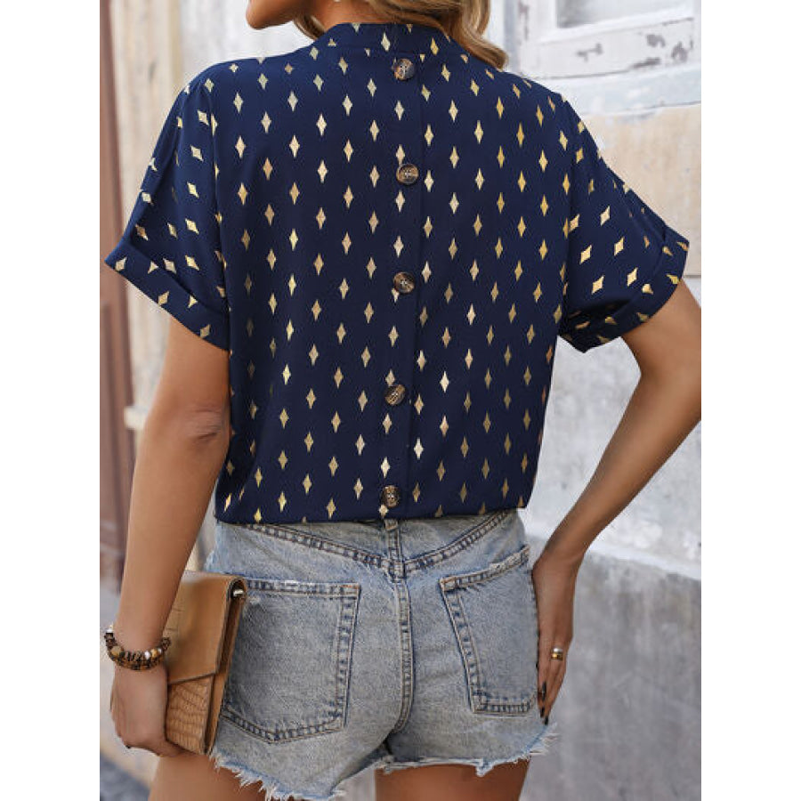Printed Notched Short Sleeve Blouse Navy / S Apparel and Accessories