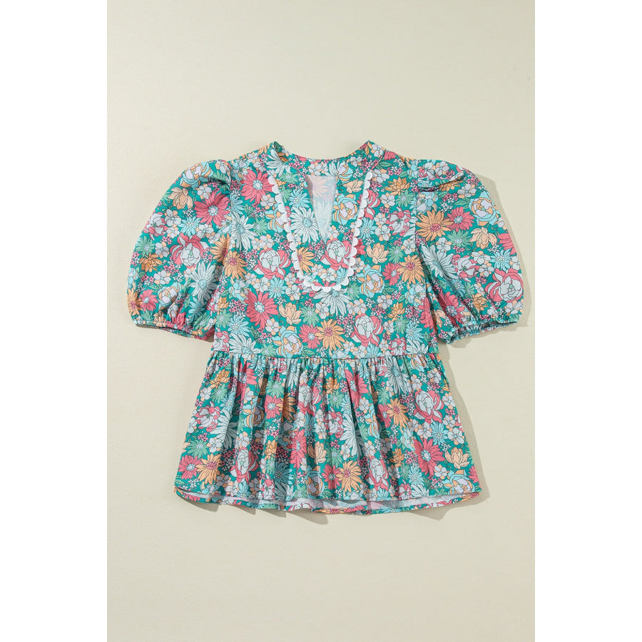 Printed Notched Short Sleeve Blouse Floral / S Apparel and Accessories