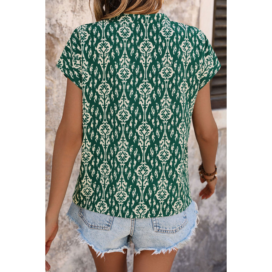 Printed Notched Short Sleeve Blouse Apparel and Accessories