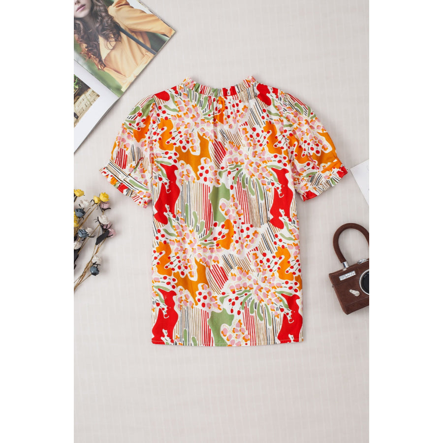 Printed Notched Short Sleeve Blouse Apparel and Accessories