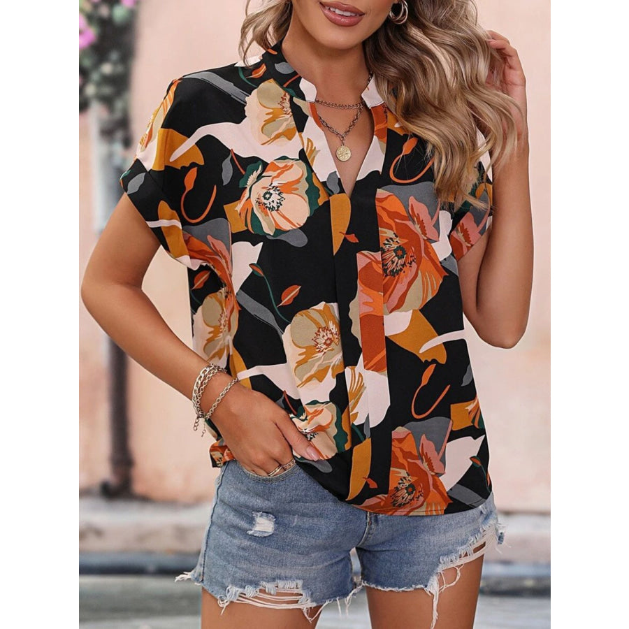 Printed Notched Short Sleeve Blouse Apparel and Accessories