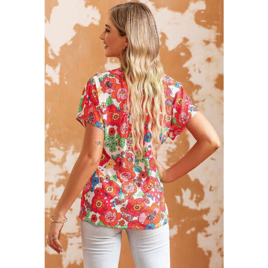 Printed Notched Short Sleeve Blouse Apparel and Accessories