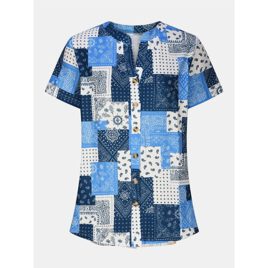 Printed Notched Short Sleeve Blouse Blue / S Apparel and Accessories