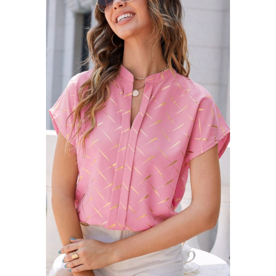 Printed Notched Short Sleeve Blouse Carnation Pink / S Apparel and Accessories