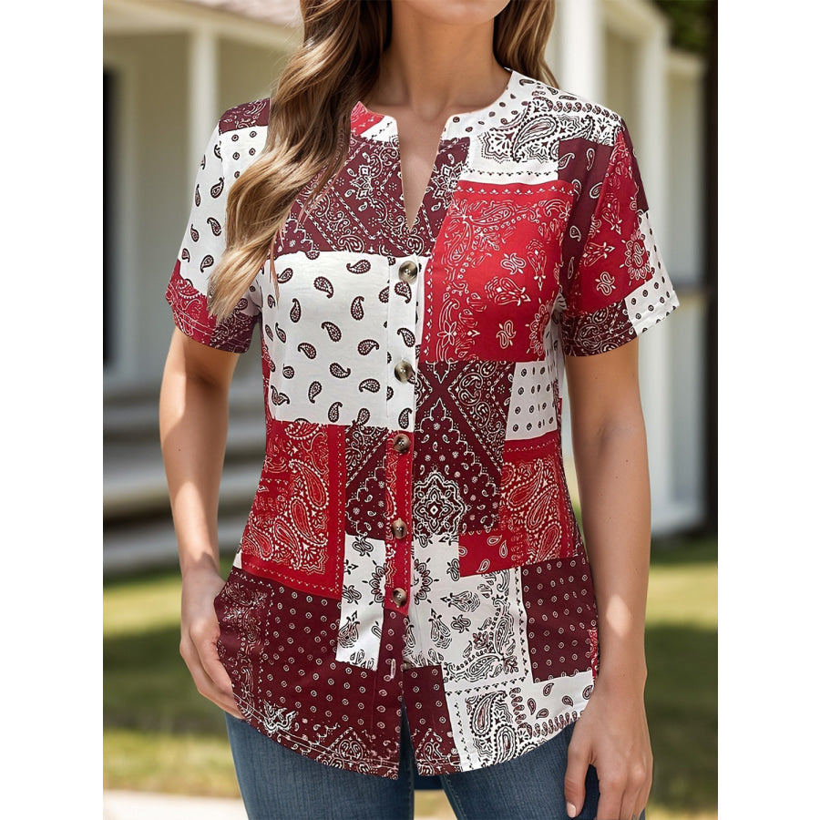 Printed Notched Short Sleeve Blouse Deep Red / S Apparel and Accessories