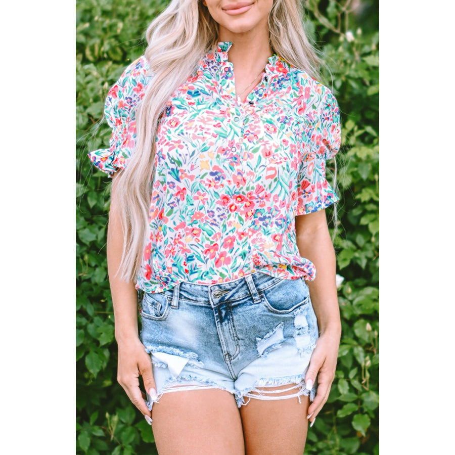 Printed Notched Short Sleeve Blouse Floral / S Apparel and Accessories