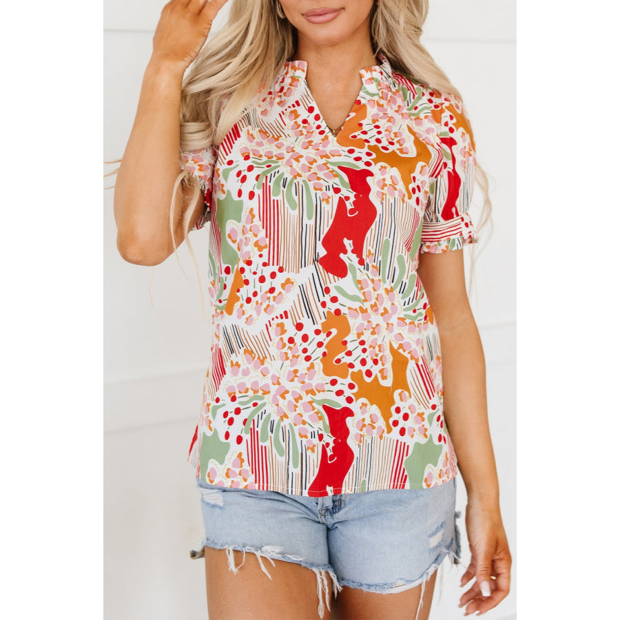 Printed Notched Short Sleeve Blouse Floral / S Apparel and Accessories