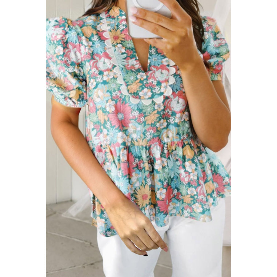 Printed Notched Short Sleeve Blouse Floral / S Apparel and Accessories