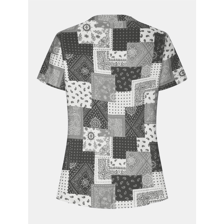 Printed Notched Short Sleeve Blouse Gray / S Apparel and Accessories