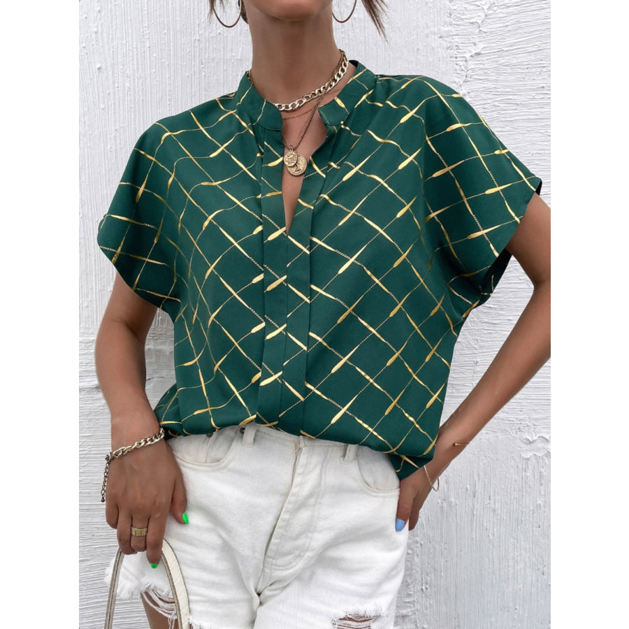 Printed Notched Short Sleeve Blouse Green / S Apparel and Accessories