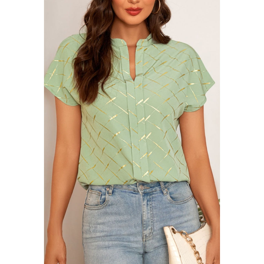 Printed Notched Short Sleeve Blouse Gum Leaf / S Apparel and Accessories