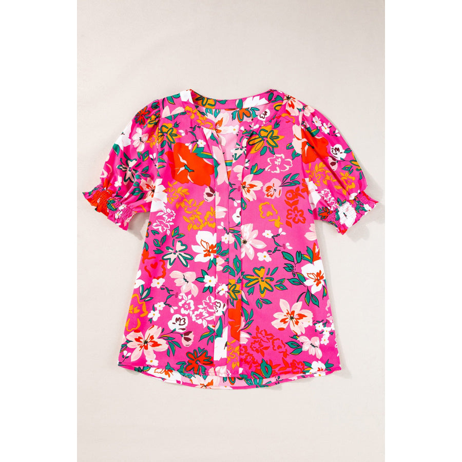 Printed Notched Short Sleeve Blouse Hot Pink / S Apparel and Accessories