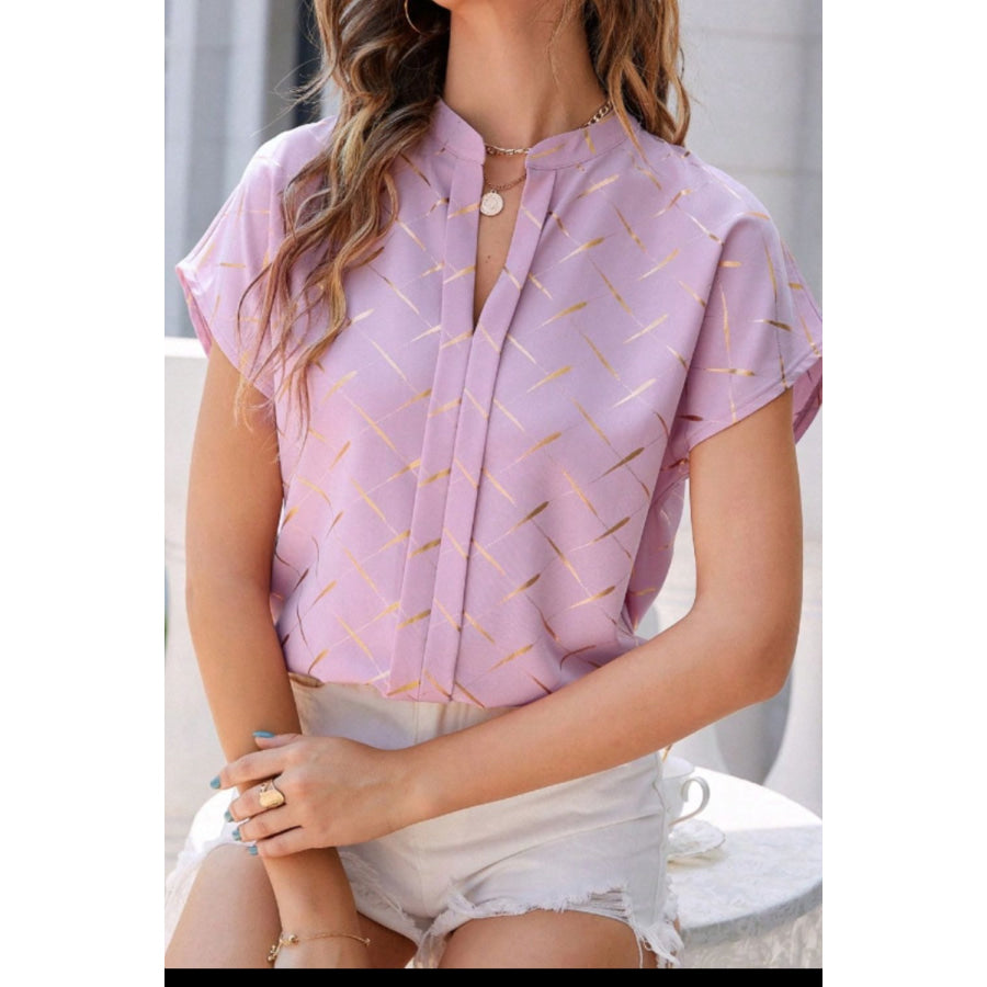 Printed Notched Short Sleeve Blouse Lilac / S Apparel and Accessories