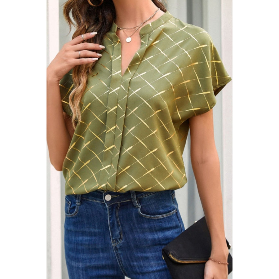 Printed Notched Short Sleeve Blouse Matcha Green / S Apparel and Accessories