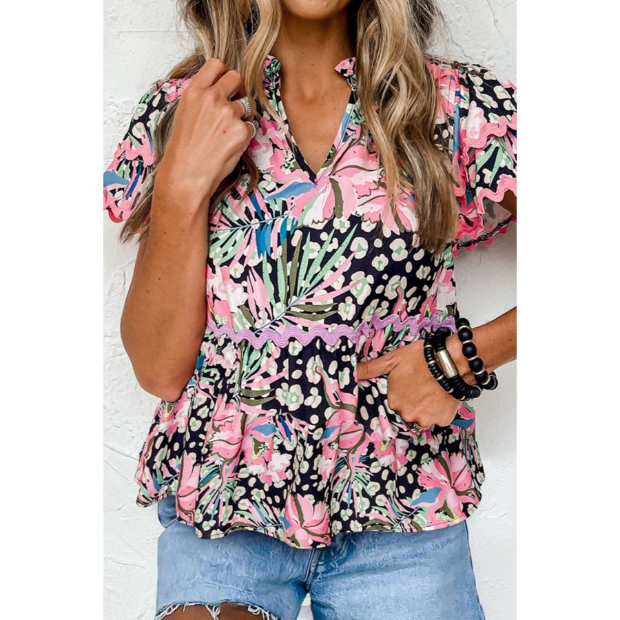 Printed Notched Short Sleeve Blouse Multicolor / S Apparel and Accessories