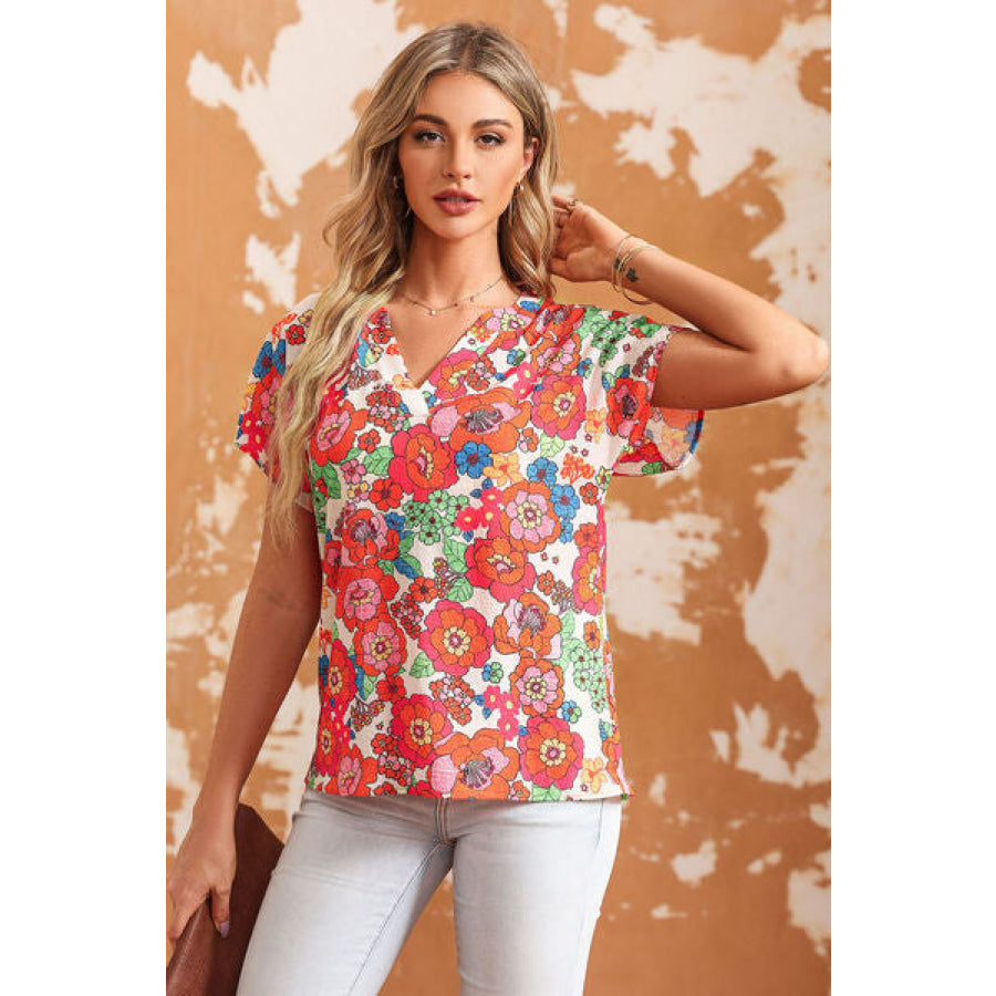 Printed Notched Short Sleeve Blouse Multicolor / S Apparel and Accessories