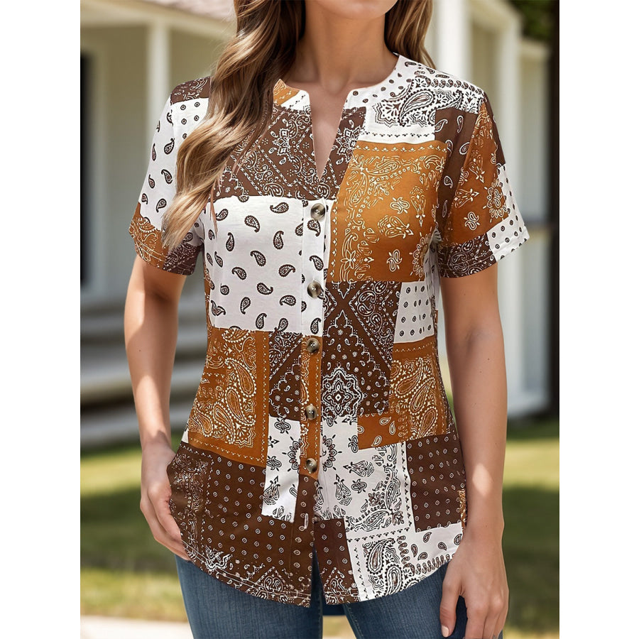 Printed Notched Short Sleeve Blouse Mustard / S Apparel and Accessories