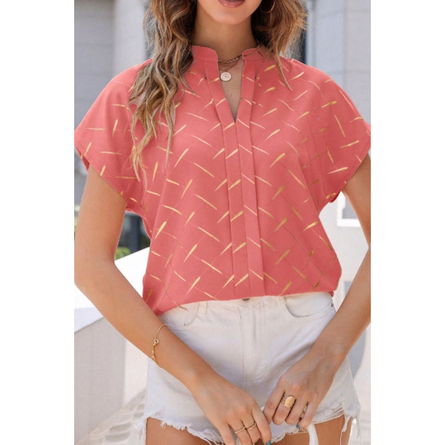 Printed Notched Short Sleeve Blouse Strawberry / S Apparel and Accessories