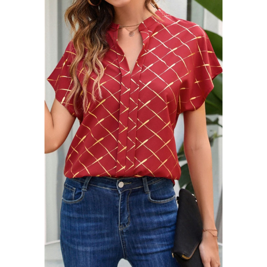 Printed Notched Short Sleeve Blouse Wine / S Apparel and Accessories