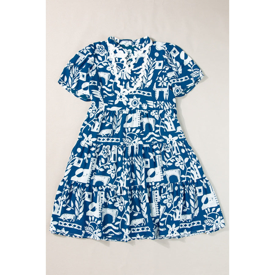 Printed Notched Short Sleeve Mini Dress Peacock Blue / S Apparel and Accessories