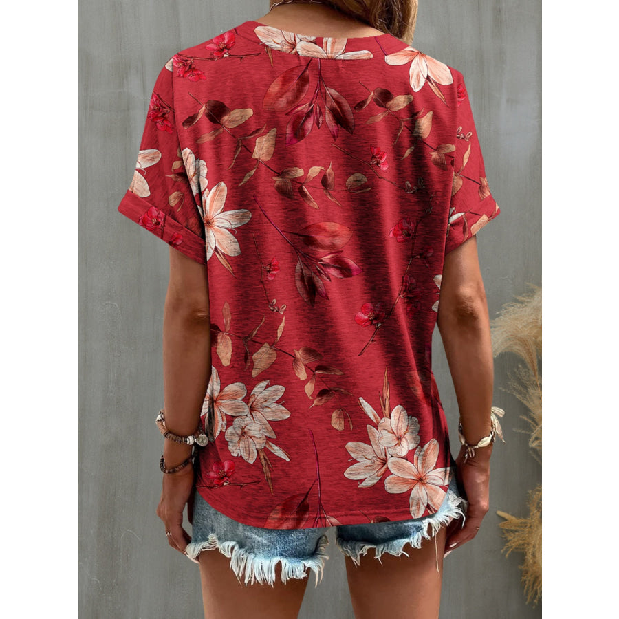 Printed Notched Short Sleeve T - Shirt Brick Red / S Apparel and Accessories