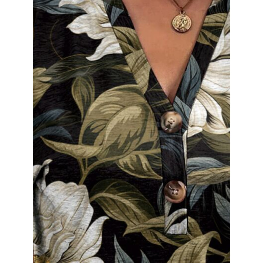 Printed Notched Short Sleeve T - Shirt Apparel and Accessories