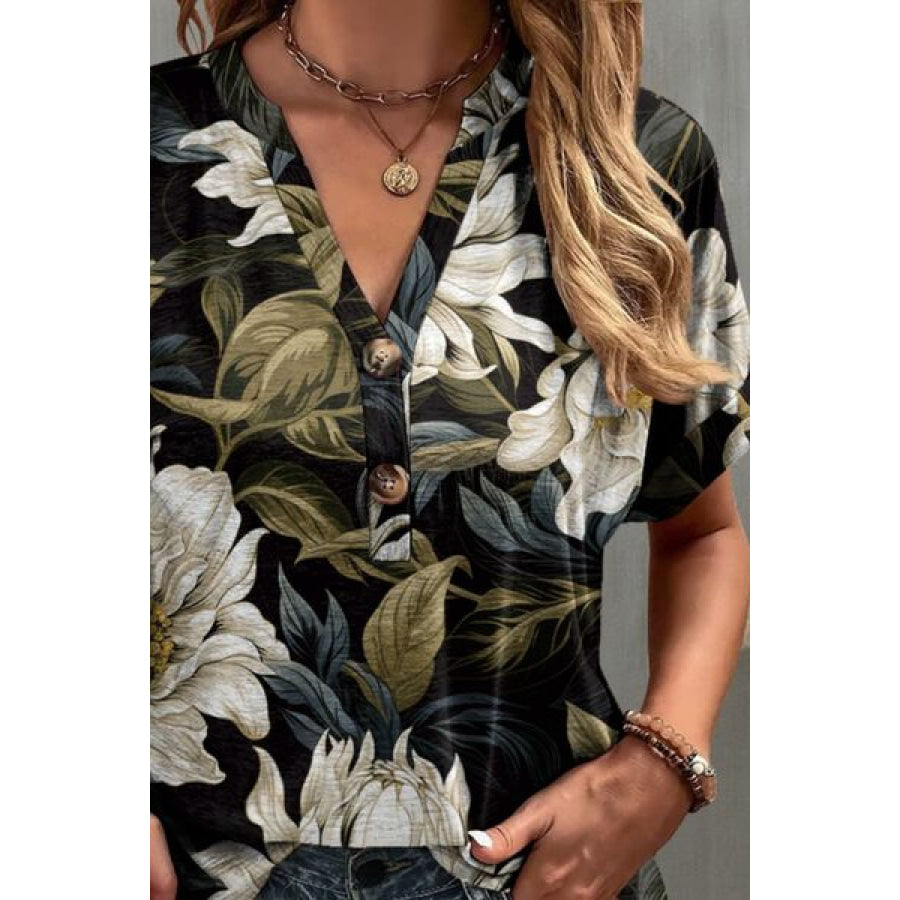 Printed Notched Short Sleeve T - Shirt Black / S Apparel and Accessories