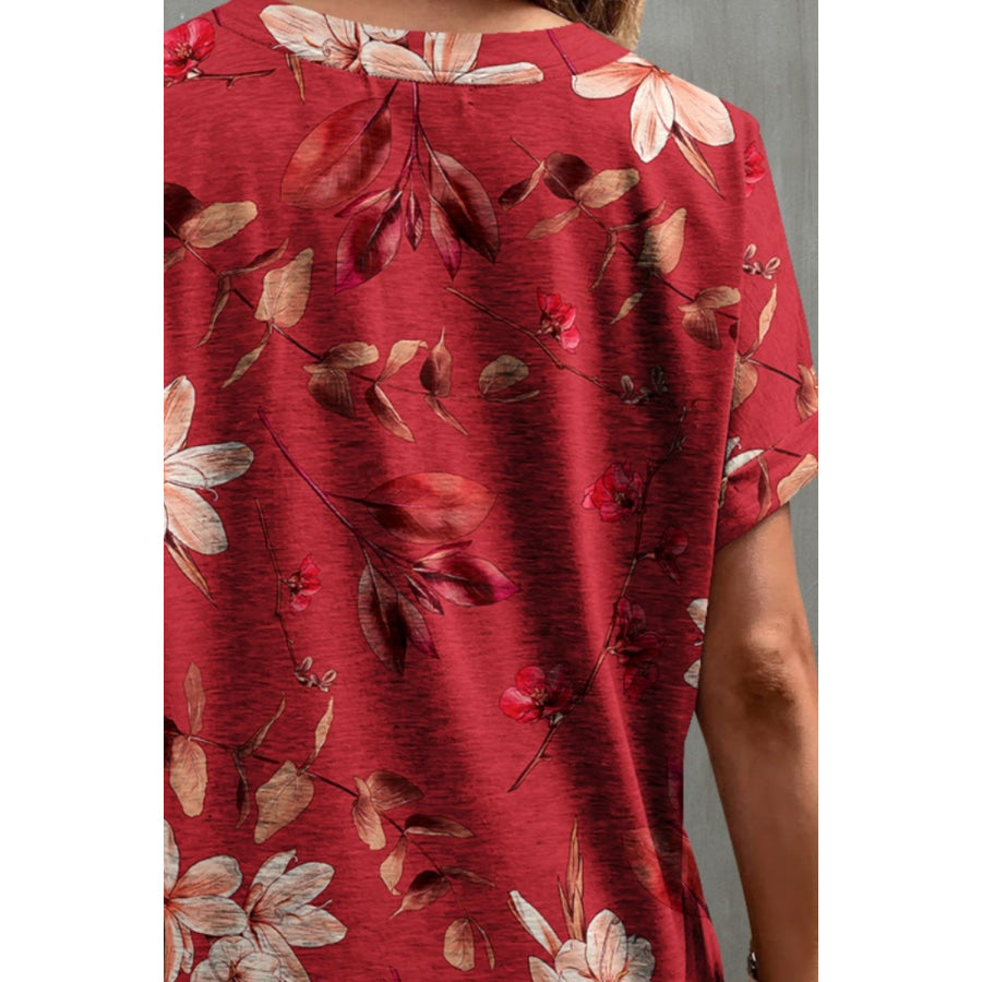 Printed Notched Short Sleeve T - Shirt Apparel and Accessories
