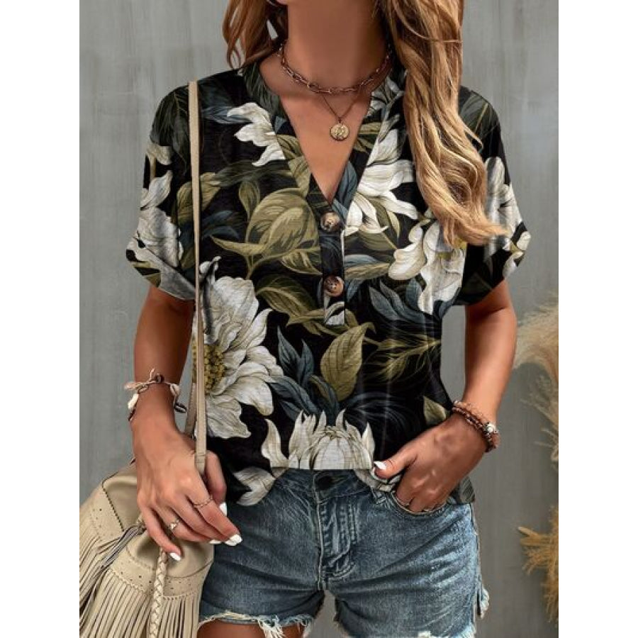 Printed Notched Short Sleeve T - Shirt Black / S Apparel and Accessories