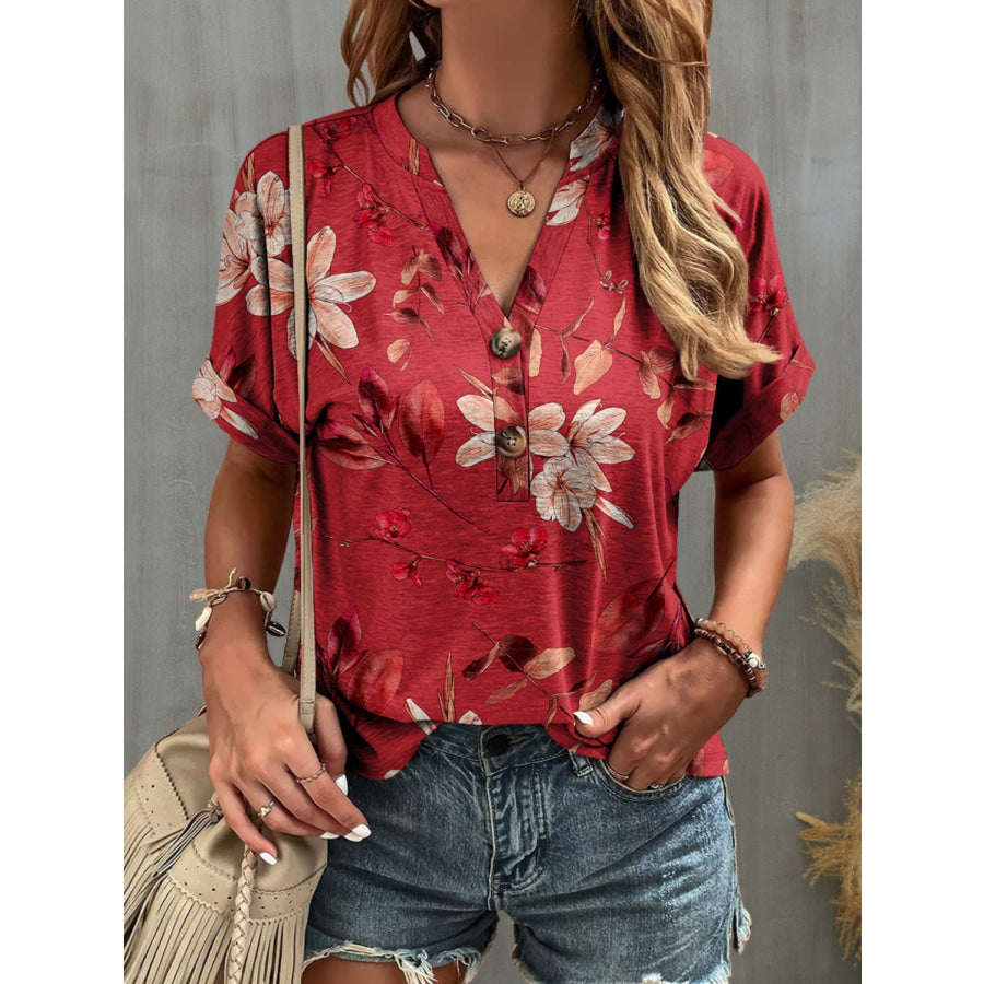 Printed Notched Short Sleeve T - Shirt Brick Red / S Apparel and Accessories