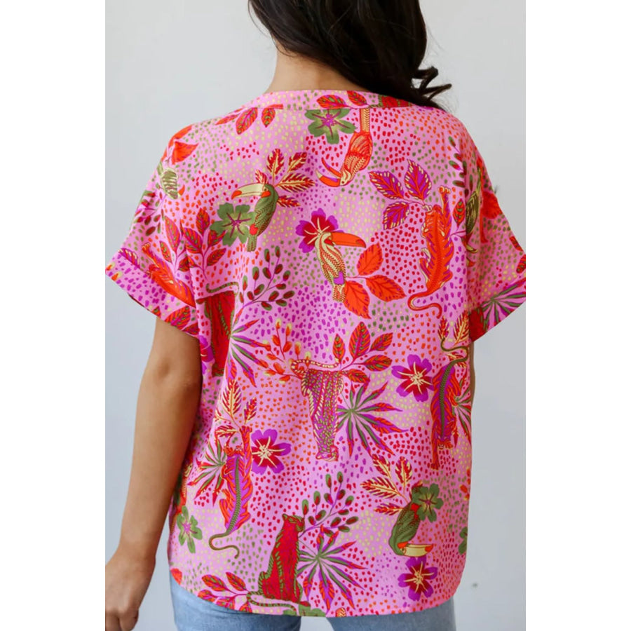 Printed Notched Short Sleeve Top Apparel and Accessories